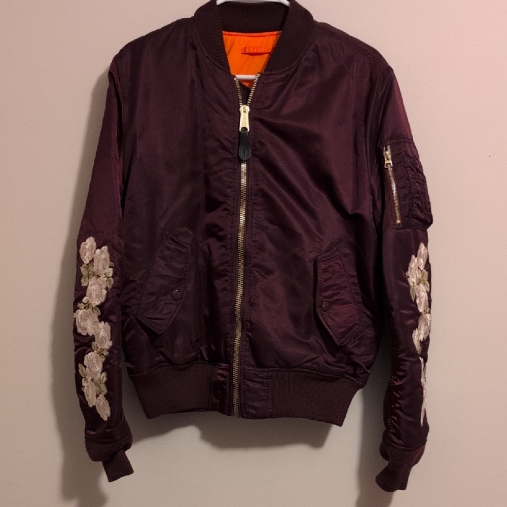 Urban Outfitters Maroon Bomber Jacket with Floral Embroidery